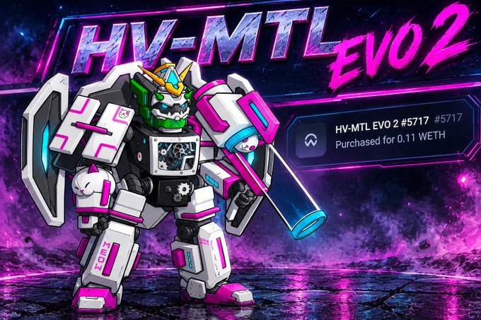 A digital NFT artwork titled 'HV-MTL EVO 2 #5717' showing a Gundam-style robot marked as purchased for 0.11 WETH.