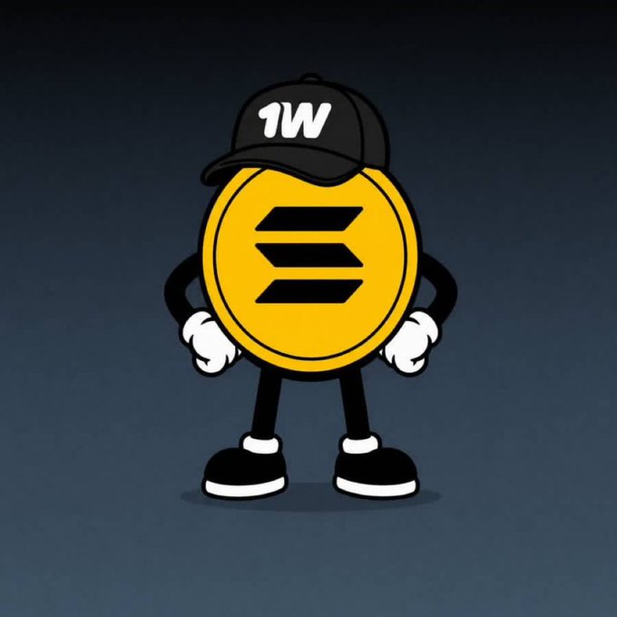A cartoon illustration of a yellow coin character with the Solana logo, wearing a black cap with '1W' written on it, white gloves, and black shoes, standing with hands on hips against a gray background.