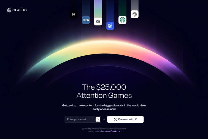 Landing page for "Clasho" featuring a rainbow arc and partner logos (FIFA, Starbucks, etc.), advertising "The $25,000 Attention Games" with an email signup.