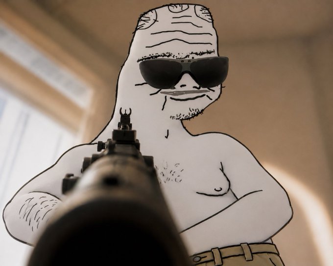 A paper cutout drawing of a shirtless man wearing sunglasses and a backwards cap, holding a rifle pointed directly at the camera.