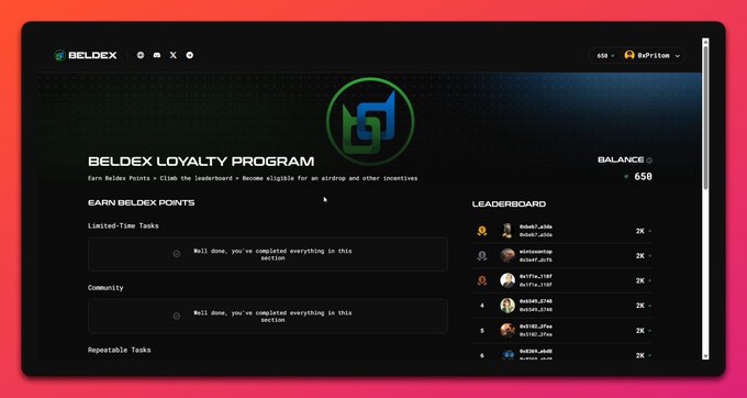 A dashboard for the 'BELDEX LOYALTY PROGRAM' shows a balance of 658 points, task sections ('Limited-Time Tasks,' 'Community,' 'Repeatable Tasks'), and a leaderboard with users like 'Webmi_admin' and 'UnknownGuy' each showing 2K points.