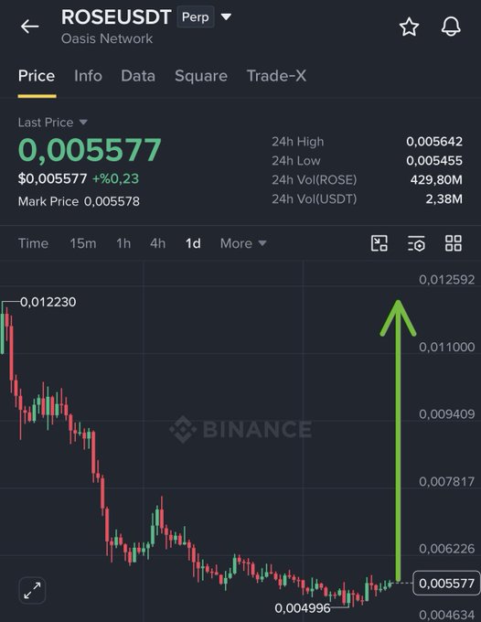 A Binance perpetual futures chart for ROSE/USDT shows a sharp downtrend from 0.012230 to a low of 0.004996, with the current price at 0.005577 (+0.23%). A green arrow illustrates the trader's bullish outlook, aligning with the post's long entry zone of 0.005550–0.005659 and upward targets ranging from 0.0064 to 0.010.