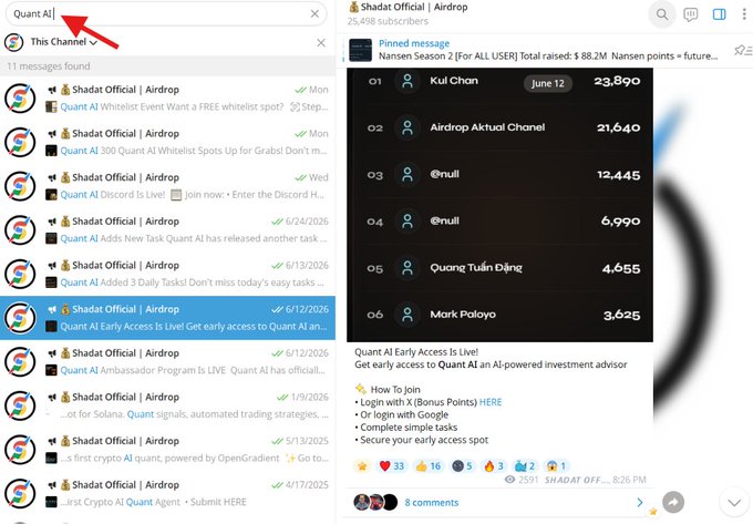 Telegram interface showing the 'Quant AI' channel with 25,498 subscribers and a pinned Season 2 airdrop leaderboard where top user 'Kul Chan' has 23,890 Nansen points.
