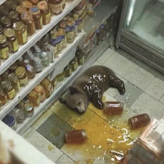 A bear lies passed out on the floor of a convenience store amid spilled jars of honey, humorously illustrating a "bullish" market that has overindulged and crashed after a wild run.