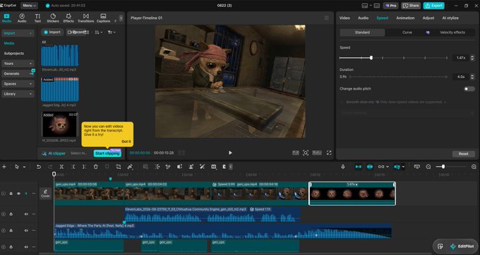 A screenshot of the CapCut video editing software showing a timeline project with a preview of a cartoon dog character wearing a red bandana on a countertop.