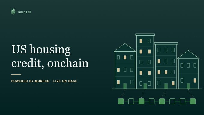 Dark green promotional graphic for Birch Hill titled 'US housing credit, onchain' powered by Morpho and live on Base, featuring an illustration of buildings connected to blockchain nodes.