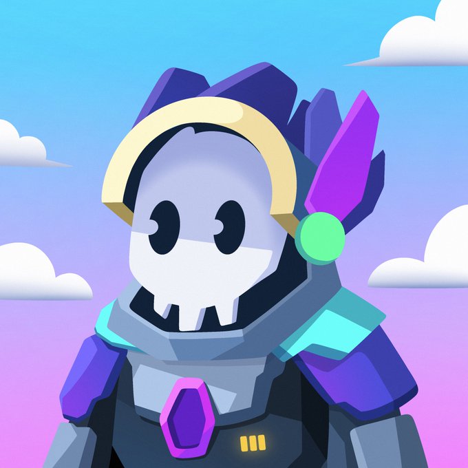 A digital illustration of a cartoon character with a white skull-like face, wearing purple and teal armor with a yellow halo and a green glowing gem on the side, set against a pastel blue and pink sky with clouds.