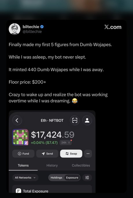 A screenshot of an X post by @biltechie about making their first 5 figures from 'Dumb Wojapes' NFTs, showing an 'Eth · NFTBOT' wallet with $17,424.59 and a 440 NFT minting bot.