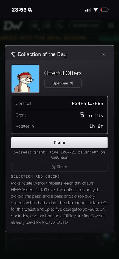 A mobile app screenshot showing a 'Collection of the Day' popup for 'Otterful Otters' with details including a 5 credit grant, contract address, and a 'Claim' button.