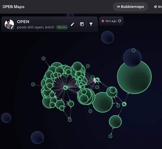 A screenshot of the OPEN Maps interface showing a network visualization with green circles of various sizes connected by lines, with a message at the top reading 'OPEN - pools still open, bitch' dated 16m ago.