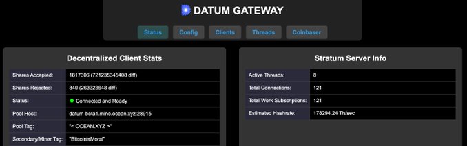 The image displays a "Datum Gateway" dashboard showing decentralized client stats with 16,173,061 shares accepted and 840 recycled, operating on the "OCEAN.xyz" pool with the secondary miner tag "BitcoinsMoral." The Stratum Server Info panel shows 8 active threads, 121 total connections, and an estimated hash rate of 17,823,424 Th/s (approximately 17.8 PH/s), supporting the poster's claim of nearly 180PH when accounting for additional nodes or pools not shown.