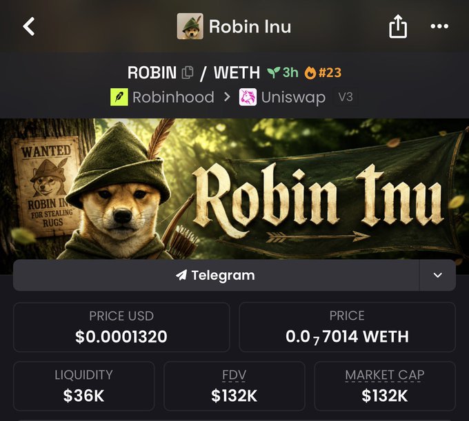 The image shows a screenshot of the Robin Inu ($ROBIN) token page displaying a price of $0.0001320 USD, a market cap of $132K, and FDV of $132K, with the Robinhood logo and Uniswap V3 listed as platforms. The caption highlights the token's currently low valuation, providing a baseline "quote" reference point for when $ROBIN eventually surpasses a $1 million market cap, as mentioned in the post.