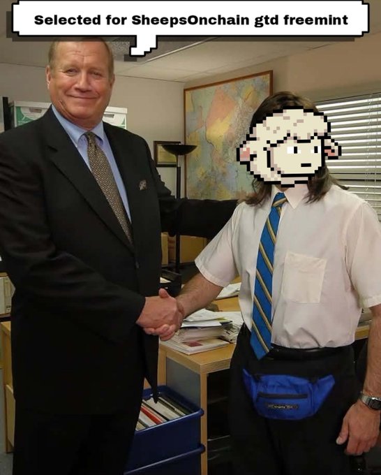 Two men shake hands in an office setting, with the younger man's face obscured by a pixelated cartoon sheep emoji, while a text bubble above reads "Selected for SheepsOnchain gtd freemint" — promoting the upcoming 3,333-sheep NFT mint giveaway referenced in the post.