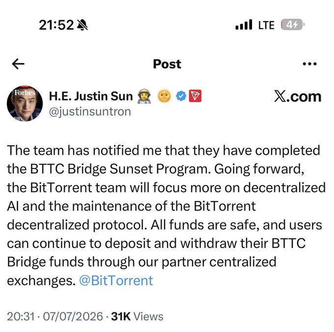 A screenshot of a post by H.E. Justin Sun (@justinsuntron) on X.com announcing the completion of the BTTC Bridge Sunset Program, stating BitTorrent will focus on decentralized AI and that users can withdraw funds through partner centralized exchanges.