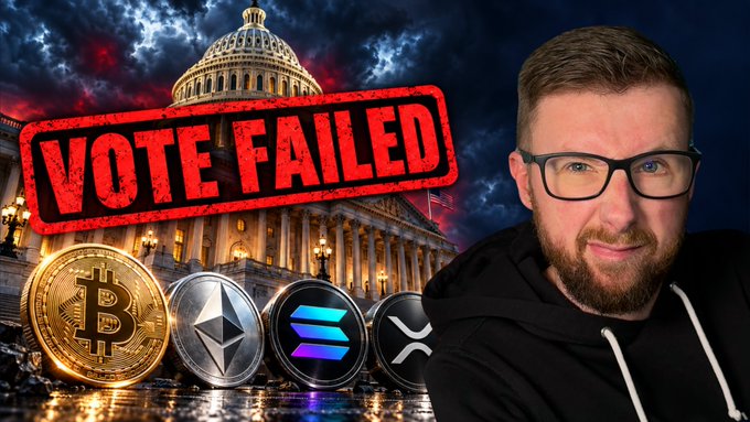 A YouTube thumbnail featuring a man with glasses and a beard next to a Capitol building backdrop with "VOTE FAILED" stamped in red, alongside cryptocurrency logos including Bitcoin, Ethereum, Solana, and XRP.