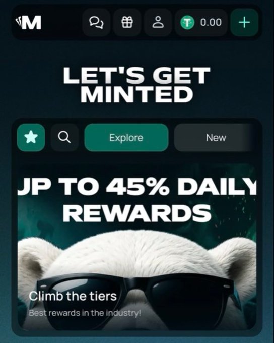 Mobile view of the Mint app with the tagline 'LET'S GET MINTED' and a promotional banner reading 'UP TO 45% DAILY REWARDS' featuring the bear mascot in sunglasses.