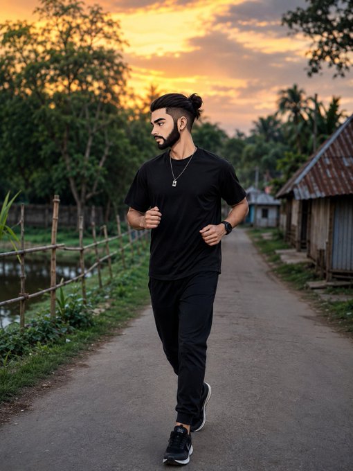 A man with a man-bun hairstyle, beard, and all-black outfit jogging down a rural road at sunset, surrounded by trees and a bamboo fence.