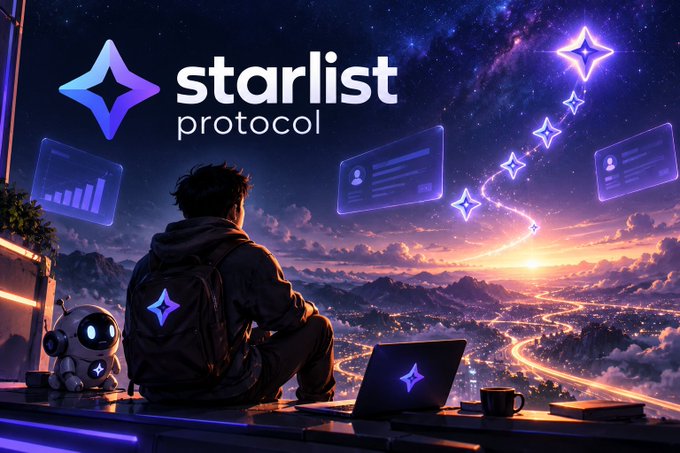 A promotional graphic for 'starlist protocol' featuring a person with a backpack sitting on a ledge overlooking a starry cityscape with floating digital interface elements and a small robot companion.