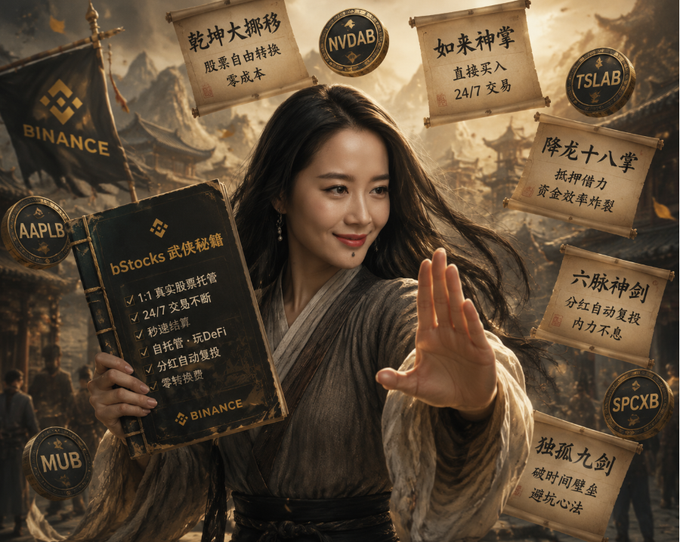 An Asian woman in traditional martial arts robes holds a "bStocks" scroll detailing Binance features (1:1 real stock, 24/7 trading, dividend reinvestment, DeFi yield, auto deposits), surrounded by ticker seals for AAPLB, MUB, NVDAB, TSLAB, and SPCXB, visually framing Binance's on-chain U.S. stock product as a kung fu "crash course."