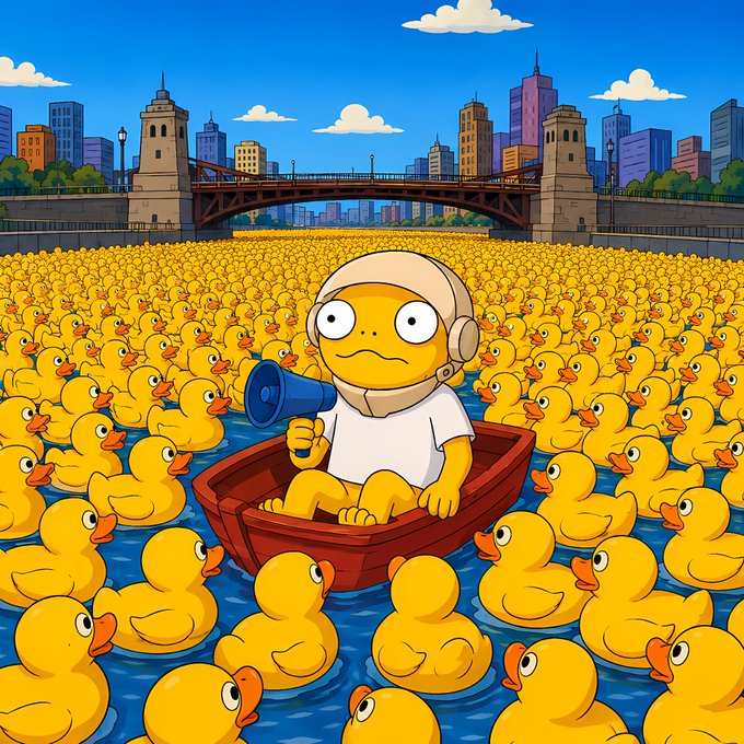 A colorful cartoon illustration depicting a yellow duck-like character wearing headphones and holding a megaphone, sitting in a small boat surrounded by hundreds of rubber ducks floating on a river with a city skyline and bridge in the background.