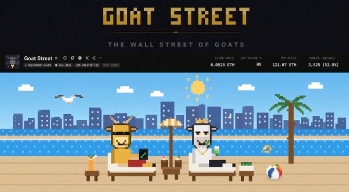 The image shows a pixel art promotional banner for "GOAT STREET - THE WALL STREET OF GOATS," featuring two anthropomorphic goats relaxing on beach chairs with a city skyline in the background, displaying NFT collection stats including a floor price of 0.0528 ETH, top offer of 121.07 ETH, and 3,525 owners (52.9%). The post celebrates successfully minting from the Goat Street collection via @CashmereLabs, matching the 0.0528 ETH price displayed in the image.