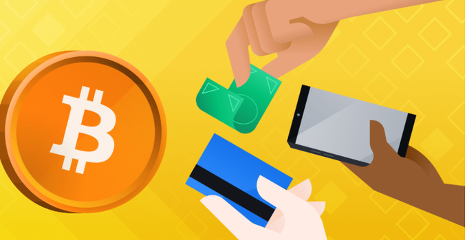 A digital illustration showing a large gold Bitcoin coin alongside hands exchanging cash, credit cards, and a smartphone on a yellow background.