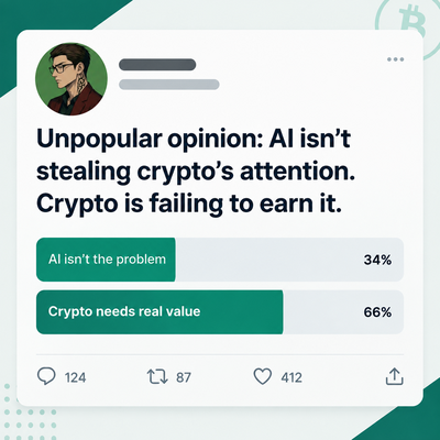 A social media poll graphic titled 'Unpopular opinion: AI isn't stealing crypto's attention. Crypto is failing to earn it.' with options 'AI isn't the problem' at 34% and 'Crypto needs real value' at 66%, showing 124 comments, 87 reposts, and 412 likes.