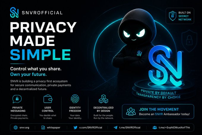 A promotional graphic for **SNVR Official** featuring a hooded mascot in a dark hoodie beside a glowing "SN" logo, with the tagline **"PRIVACY MADE SIMPLE – Control what you share. Own your future."** It highlights key features like private messaging, user control, identity freedom, and decentralized design, and includes a call-to-action to **"JOIN THE MOVEMENT"** by becoming an SNVR Ambassador, linking to snvr.org.

The post's emphasis on balancing privacy, security, and usability in Web3 directly mirrors the image's core message of "Privacy Made Simple" and "Private by Default, Transparency by Choice," positioning SNVR as an ecosystem built around user-friendly, no-trade-off privacy.