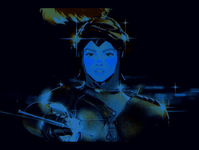 A stylized, high-contrast blue-tinted digital portrait of a female warrior wearing a helmet and holding a crossbow against a dark background.
