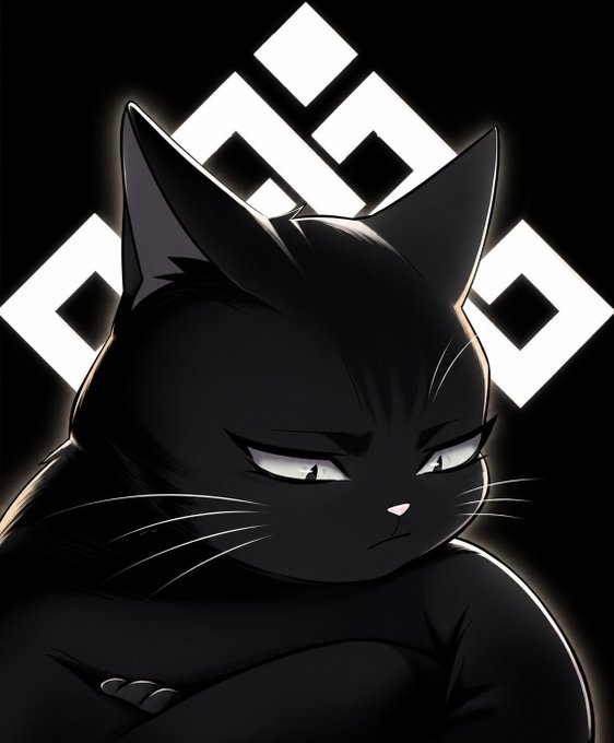 A digital illustration of a black cat with a smug expression, arms crossed, set against a black background with a glowing white geometric symbol behind it.