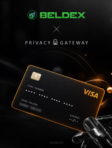 The image showcases a promotional collaboration graphic featuring the "BELDEX" logo and "PRIVACY GATEWAY" branding at the top, displayed above a sleek black and gold VISA-style card held by a metallic hand, with "beldex.io" at the bottom. It visually reinforces the post's message about reimagining identity in Web3, symbolizing how Beldex's privacy-focused tools (like BNS) replace traditional identification methods—such as those tied to credit card credentials shown on the card—with decentralized, wallet-based alternatives.