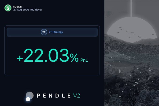 The image shows a screen with two posts, one of which has a picture of a mountain landscape behind it. The other post displays a message about Pendle V2, which is an online trading platform for virtual currency called Bitcoin. The post seems to be promoting the idea that Bitcoin can be won by anyone who uses the Pendle V2 trading platform.