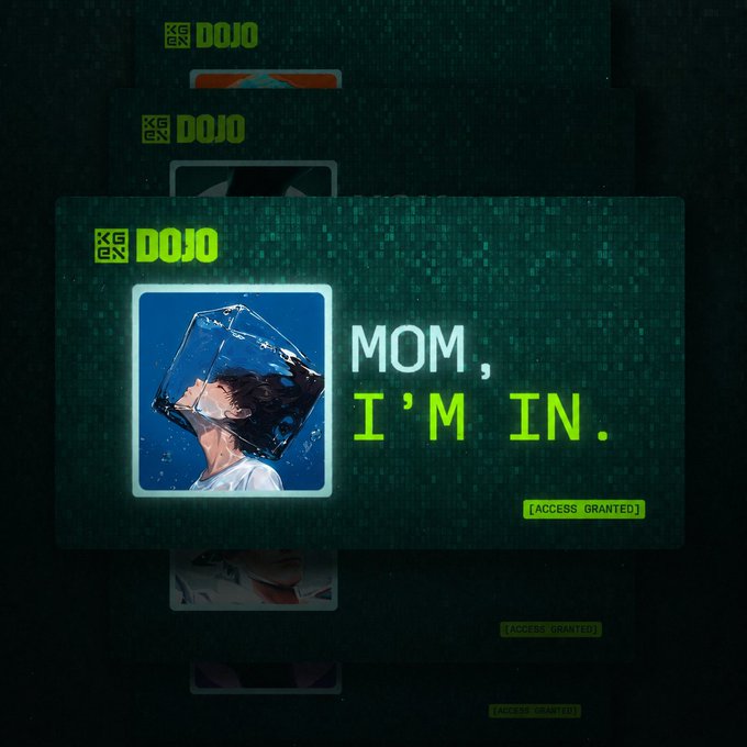 A graphic card from KEGN DOJO with a digital, matrix-style green background, displaying an anime-style illustration of a person with a plastic bag over their head in water, accompanied by the text 'MOM, I'M IN.' and '[ACCESS GRANTED]'.