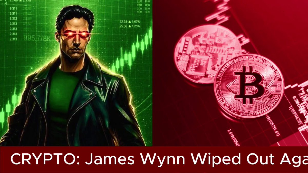 The image depicts a man dressed in black, wearing glasses, standing next to an abstract representation of two Bitcoins. The man's face appears to be blurred, giving him a mysterious appearance, while he holds the coins close to his chest. In the background, there is an upward-pointing line and a red-green color gradient, which adds depth to the image. Below this, another image shows James Wynn wiping out once again with Bitcoin shorting, and it's written in bold red letters above him. The caption reads: "Crypto: James Wynn Wiped Out Again Trader James Wynn has been fully liquidated again, according to Lookonchain. The update comes just days after Wynn was reportedly liquidated four times within hours while shorting Bitcoin $BTC".