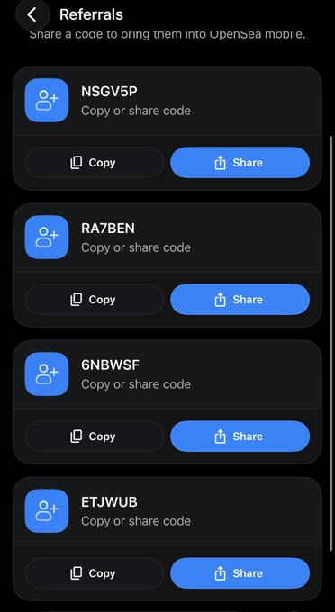 Mobile app screenshot of an Opensea Referrals page listing four shareable codes (NSGV5P, RA7BEN, 6NBWSF, ETJWUB) with Copy and Share buttons.