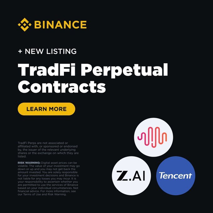 A Binance promotional graphic announcing the new listing of "TradFi Perpetual Contracts," featuring logos for Z.AI and Tencent, highlighting upcoming trading availability for stocks like MiniMax Group, Knowledge Atlas (ZHIPU), and Tencent Holdings (TENCENT) with up to 25x leverage.