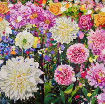 A highly detailed, colorful digital illustration or painting densely packed with various flowers in shades of pink, white, yellow, and purple.