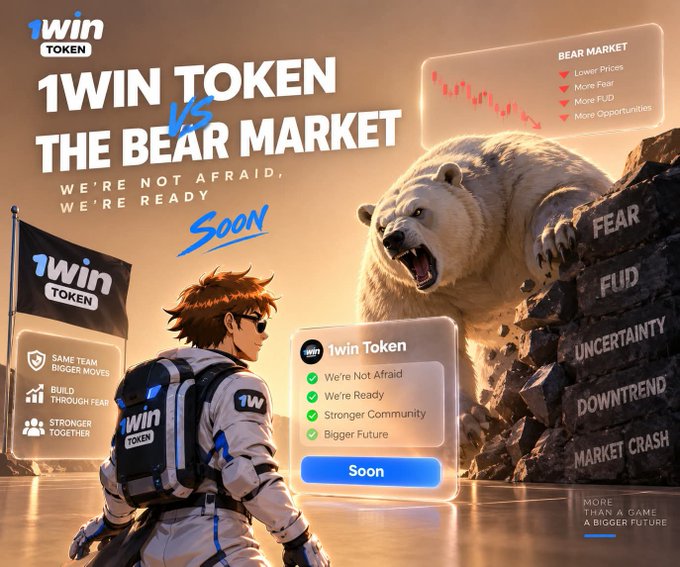 A promotional graphic for '1WIN TOKEN VS THE BEAR MARKET' featuring an anime-style astronaut facing a bear, with text promoting their community ('We're Not Afraid, We're Ready') and listing bear market conditions like FEAR, FUD, UNCERTAINTY, DOWNTREND, and MARKET CRASH.