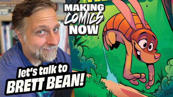 A YouTube thumbnail titled "MAKING COMICS NOW - let's talk to BRETT BEAN!" featuring a bearded man on the left and an illustration of an orange animated animal character on the right.
