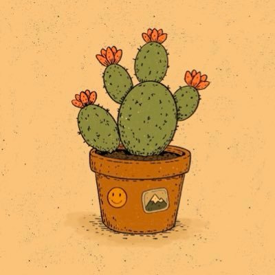 A cartoon-style illustration of a potted prickly pear cactus with orange flowers blooming on top, the terracotta pot decorated with a smiley face and mountain stickers against a tan background.