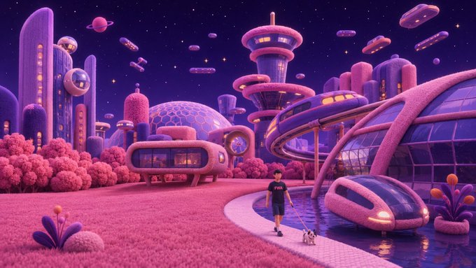 A person walks their small dog along a winding path through a vibrant, futuristic pink-and-purple cityscape filled with sleek dome structures, floating vehicles, and UFO-like ships under a starry sky. The image's dreamy, utopian aesthetic mirrors the post's vision of a streamlined crypto ecosystem powered by FWA's (Forward-looking Web3 Adoption) use-to-buy GTM model, suggesting a frictionless, unified future without complex token bundles.