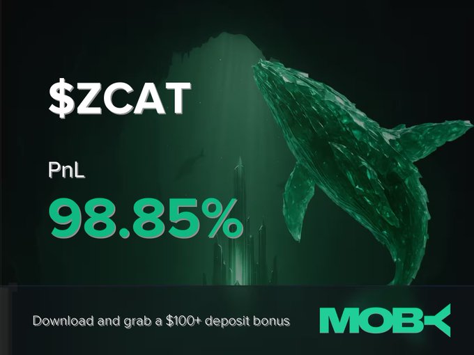 Promotional graphic for Moby showcasing a $ZCAT trade win with a 98.85% PnL, featuring a green whale illustration and a "$100+ deposit bonus" download offer, visually celebrating the impressive gain mentioned in the accompanying alert post.
