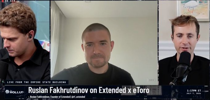 A video podcast screenshot featuring three men in a split-screen layout, with the center panel showing Extended CEO Ruslan Fakhrutdinov joining The Rollup show "Live from the Empire State Building" to discuss his company's recent partnerships with eToro and Jump Crypto, as well as product expansion efforts.