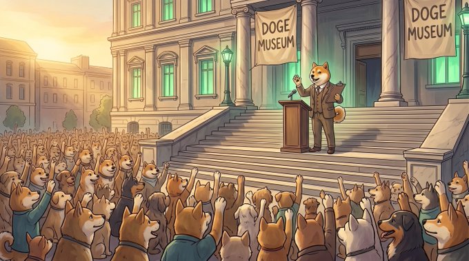 An anime-style illustration of a Shiba Inu dog wearing a suit, standing at a podium in front of a classical building labeled 'DOGE MUSEUM', addressing a large cheering crowd of similar Shiba Inu dogs.
