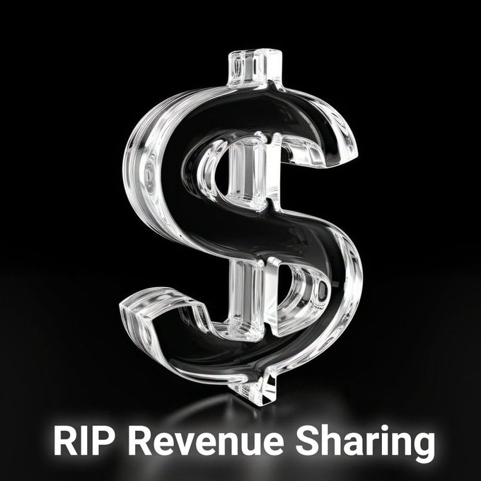 A glass dollar sign symbol with the text 'RIP Revenue Sharing' displayed below it on a black background.