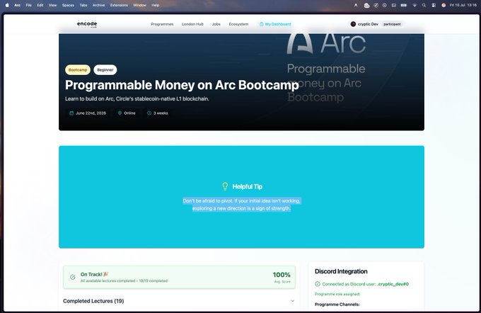 A screenshot of the Encode Club platform showing the 'Programmable Money on Arc Bootcamp' webpage, a beginner course dated June 22nd, 2026, 3 weeks long, with a 'Helpful Tip' tip box and Discord integration connected to user 'cryptic_dave#0'.