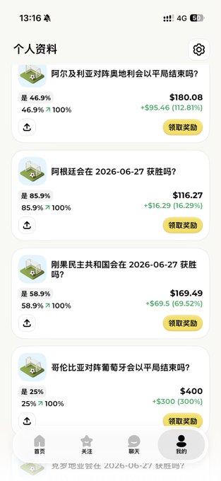 The image shows a Chinese prediction market app's profile page displaying several betting positions with high returns, including successful bets on Algeria vs. Austria ($180.08, +112.81%), Argentina winning on 2026-06-27 ($116.27, +16.29%), DR Congo on 2026-06-27 ($169.46, +69.52%), and Colombia vs. Portugal ($400, +300%). This aligns with the post praising the Bagel prediction platform, as the screenshot demonstrates its user-friendly interface and shows impressive profit growth from trading predictions.