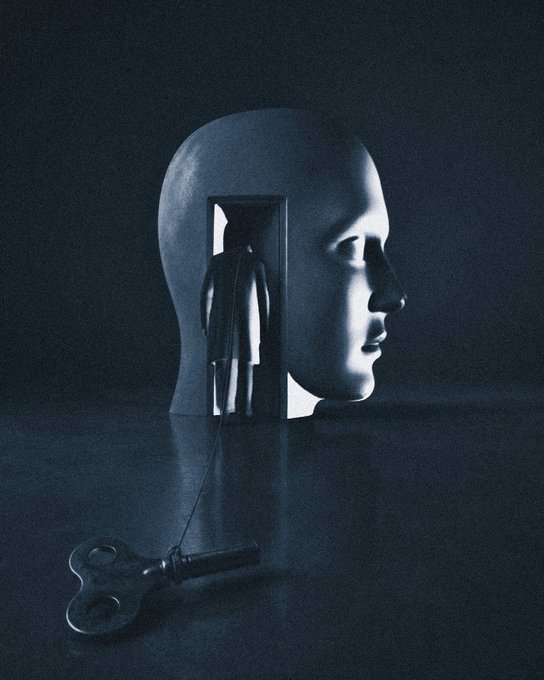 A surreal dark blue digital artwork depicting a large head with a doorway cut into it, revealing a small figure walking inside, with a wind-up key lying on the floor.