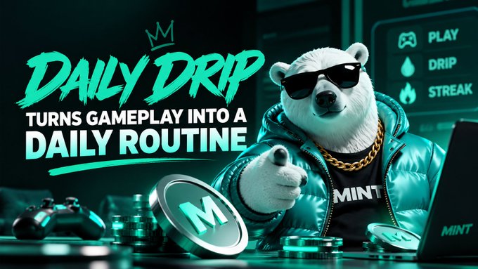 Promotional graphic for a game or app called 'Daily Drip' featuring a cool polar bear mascot in sunglasses and a teal jacket, with text reading 'TURNS GAMEPLAY INTO A DAILY ROUTINE'.