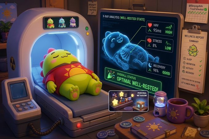 A colorful 3D-rendered illustration shows a green dinosaur-like creature in a red shirt lying in an MRI/X-ray machine, with a monitor displaying 'X-RAY ANALYSIS (WELL-RESTED STATE)' showing HRV 95ms HIGH, stress 8% LOW, and recovery 98% GOOD.
